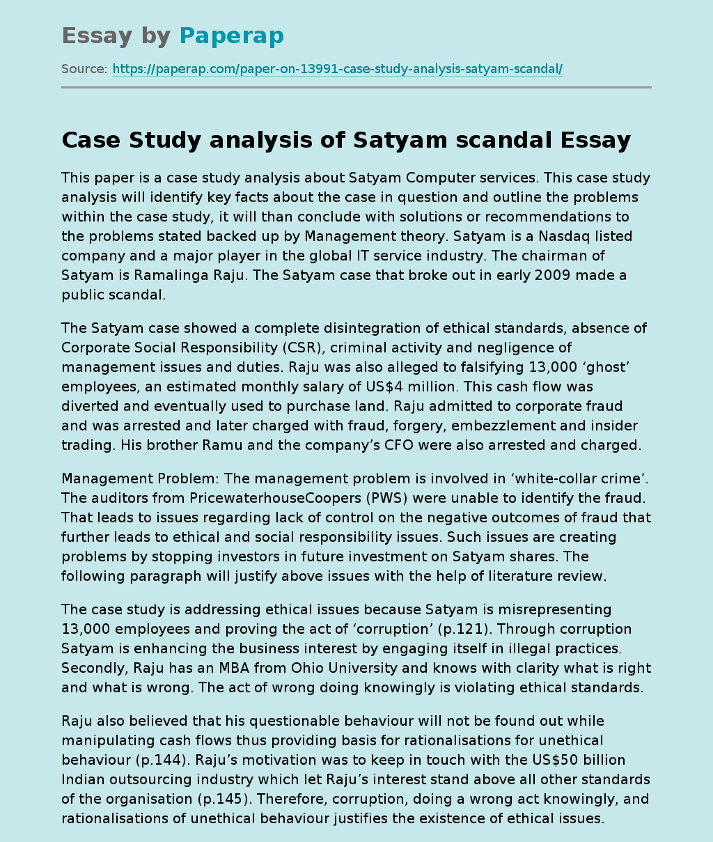 Case Study analysis of Satyam scandal
