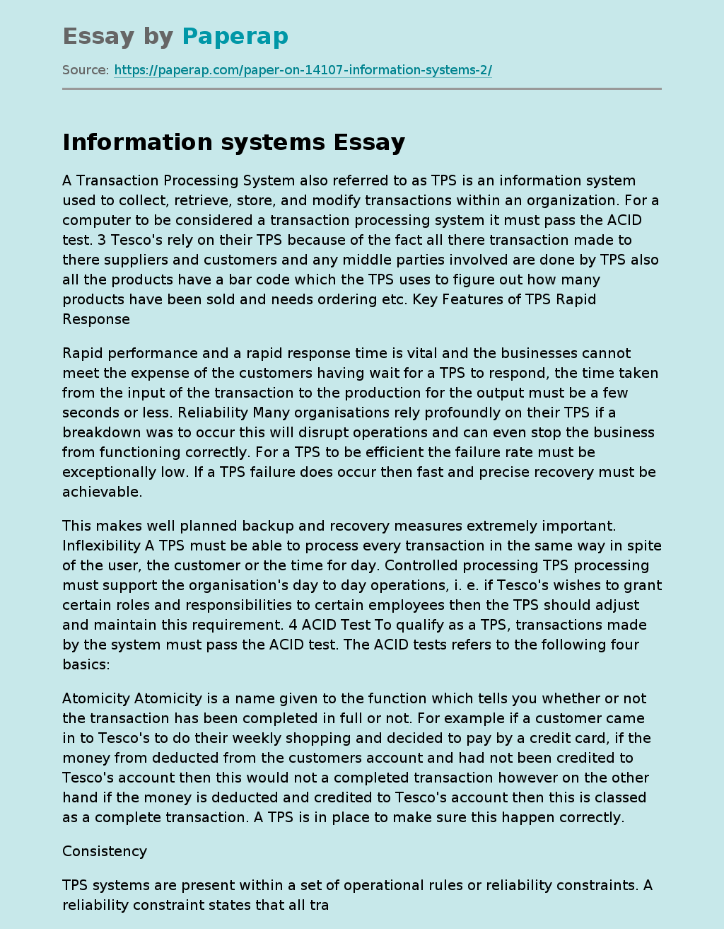 Information systems A Transaction Processing System