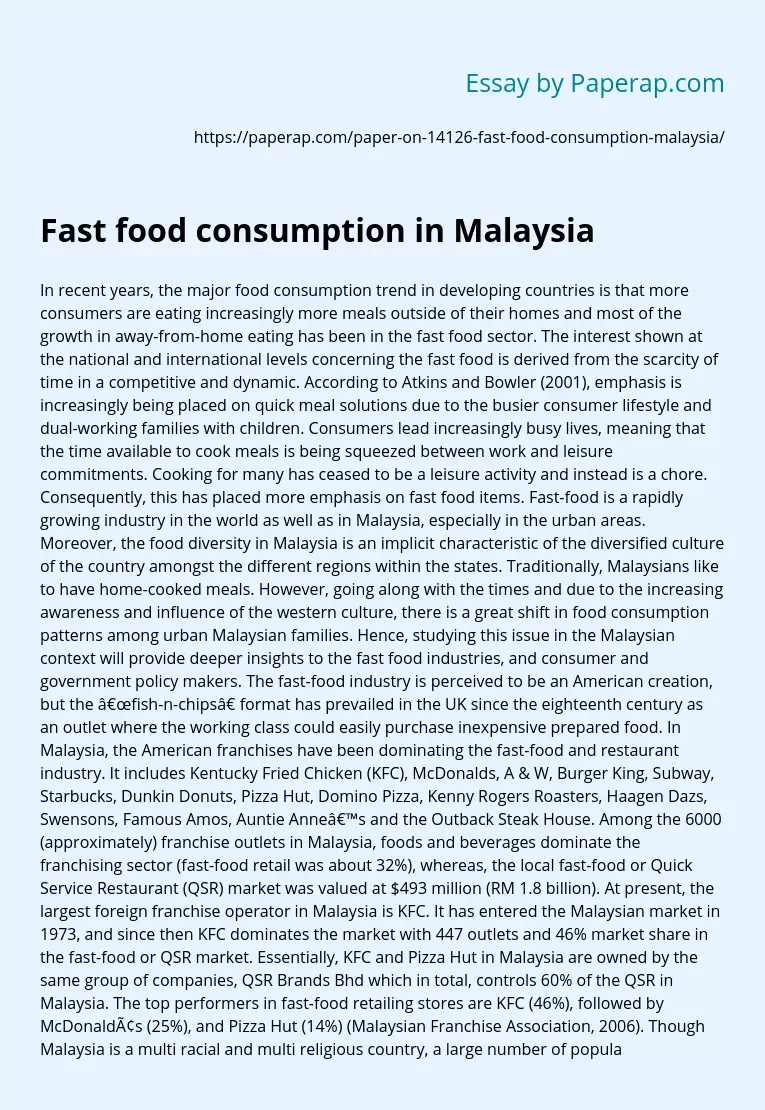Fast food consumption in Malaysia