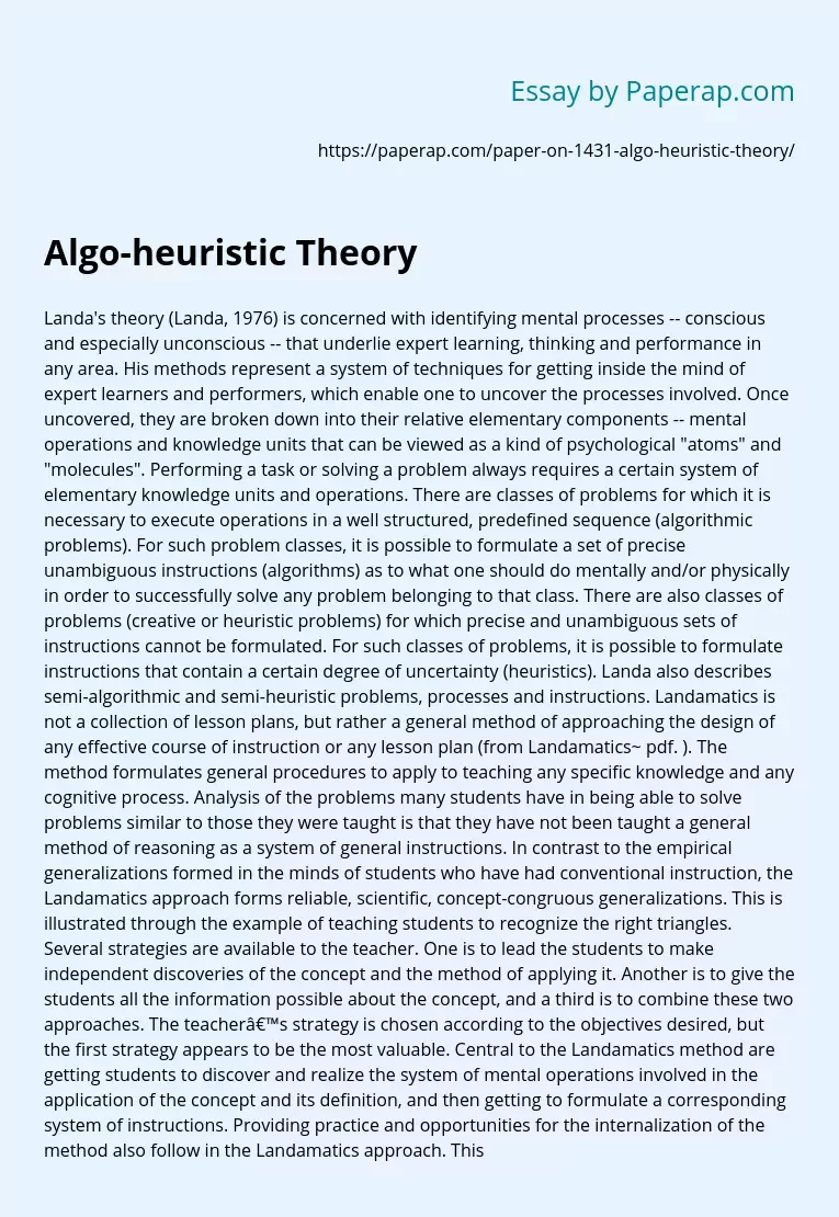 Teaching Method Algo-Heuristic Theory