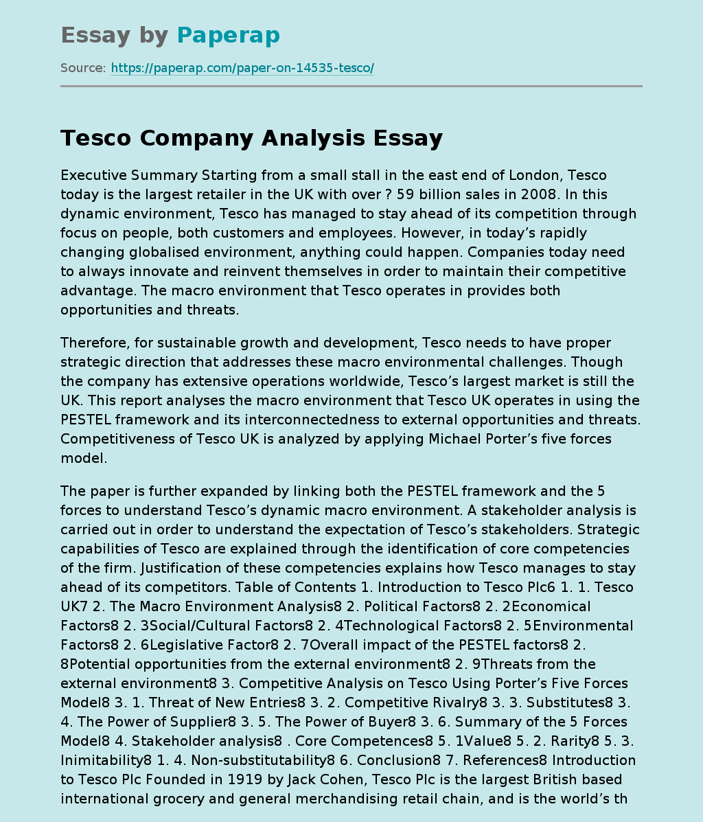 Tesco Company Analysis Executive Summary