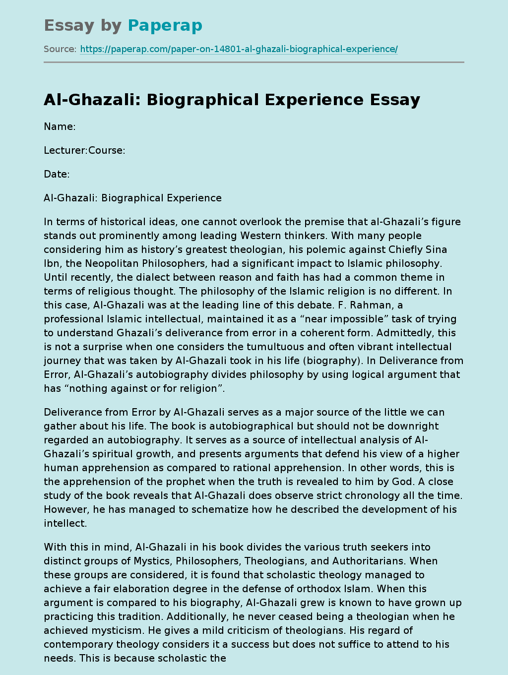 Al-Ghazali: Biographical Experience