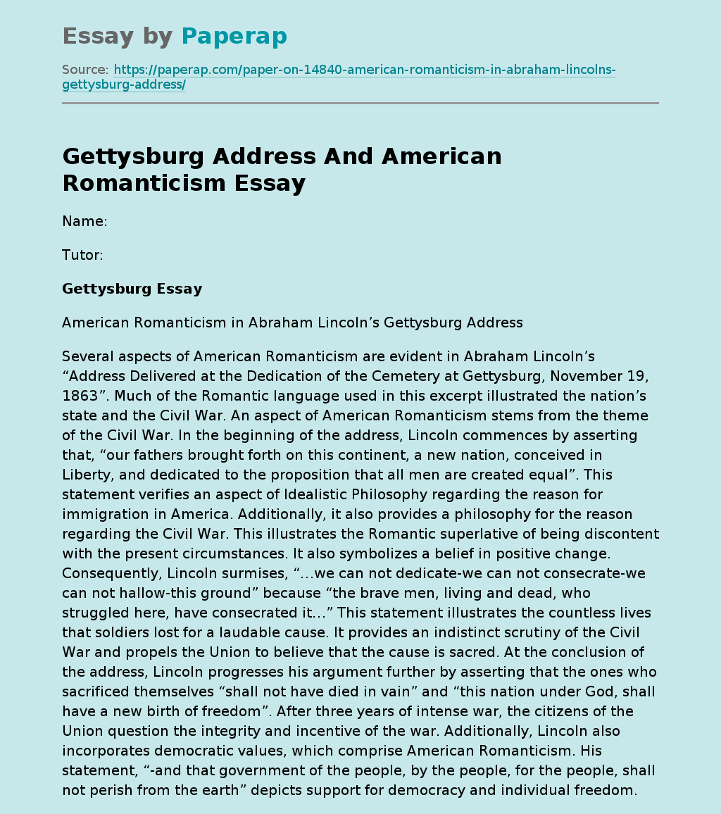 Gettysburg Address And American Romanticism