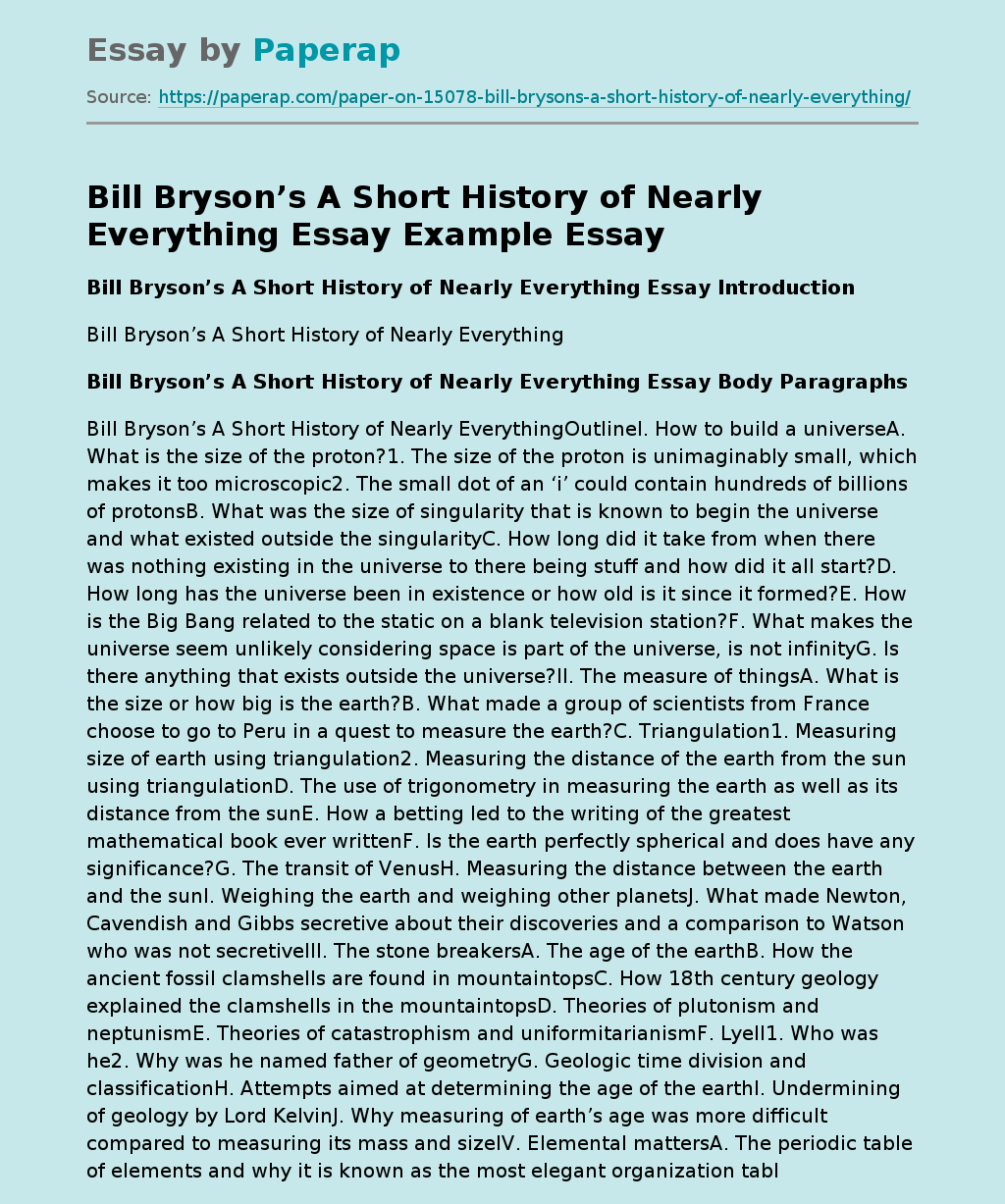 Bill Bryson’s A Short History of Nearly Everything Essay Example