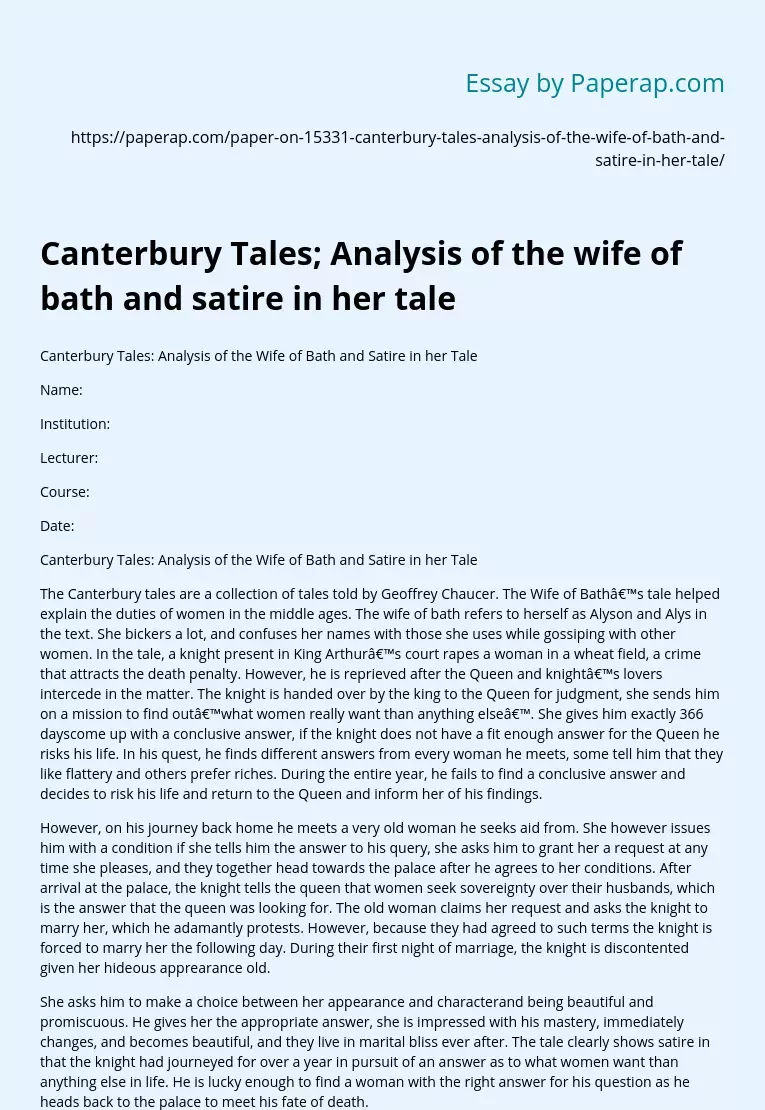 Canterbury Tales; Analysis of the wife of bath and satire in her tale