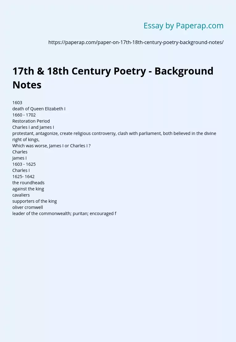 17th &amp; 18th Century Poetry - Background Notes