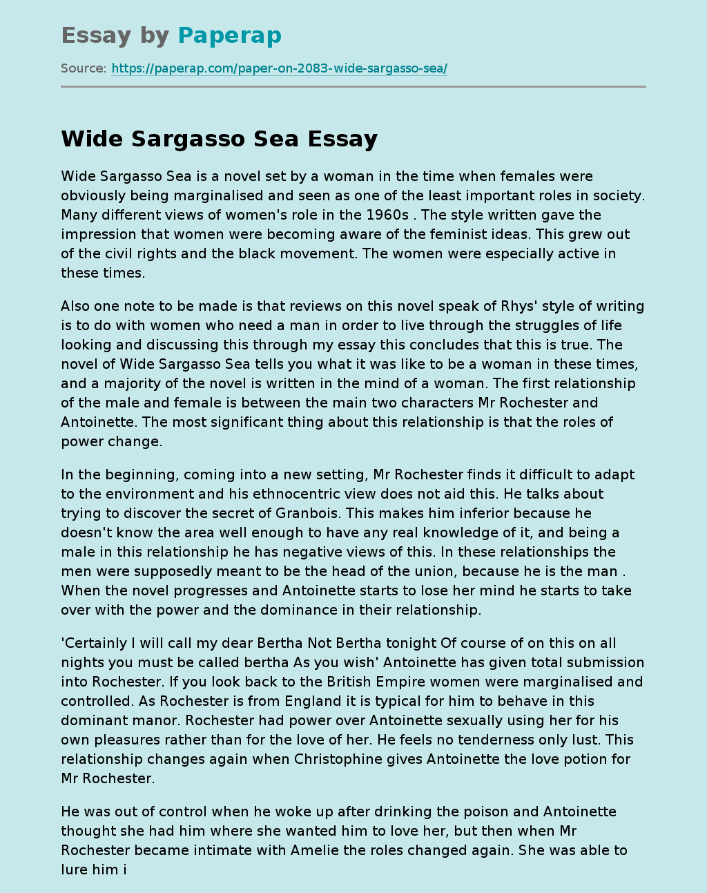Wide Sargasso Sea Novel