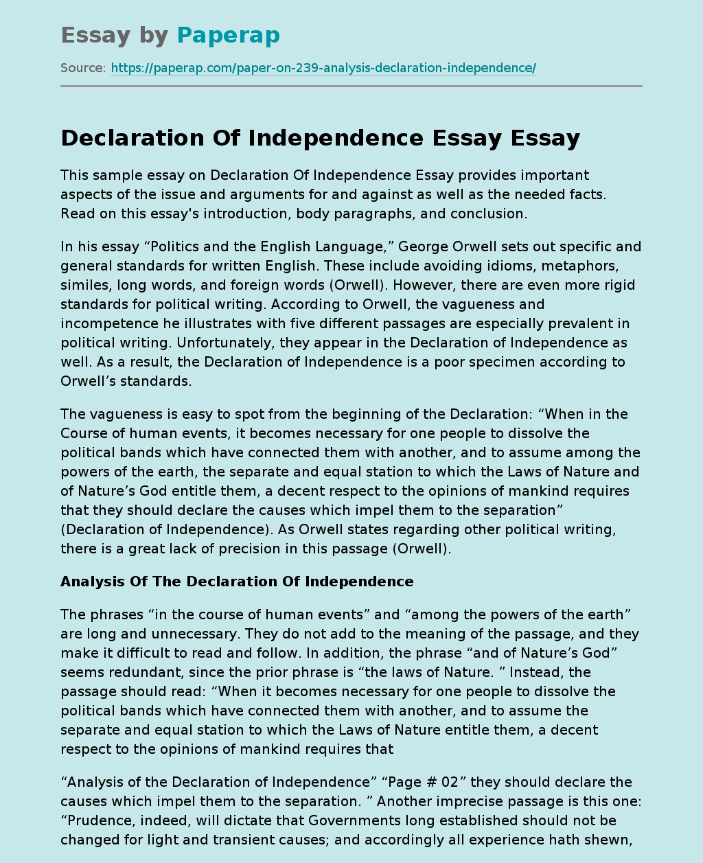 Declaration Of Independence Essay