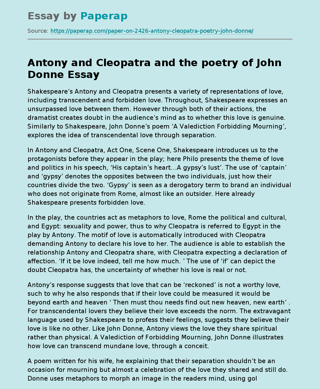 Antony and Cleopatra and the poetry of John Donne