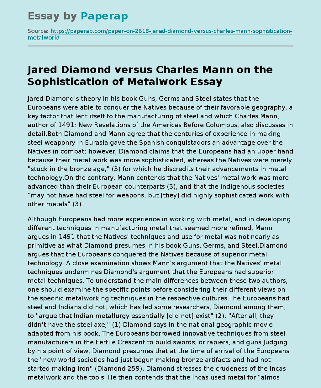 Jared Diamond versus Charles Mann on the Sophistication of Metalwork