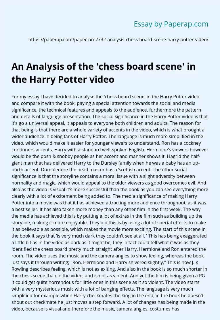 An Analysis of the 'chess board scene' in the Harry Potter video