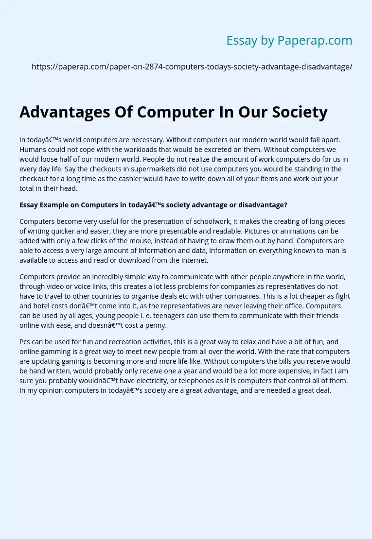Advantages Of Computer In Our Society