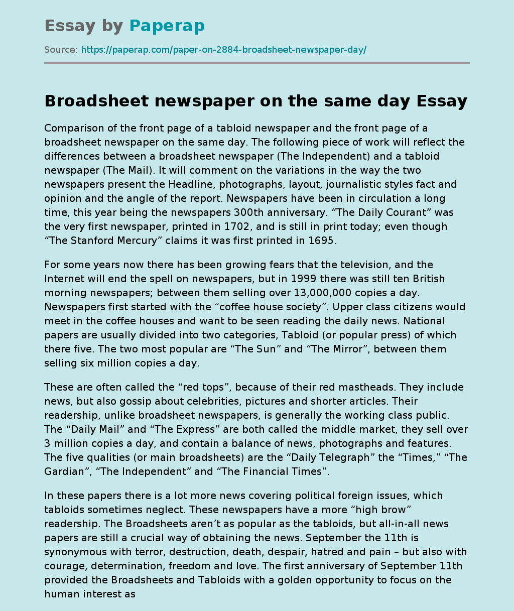 Broadsheet newspaper on the same day