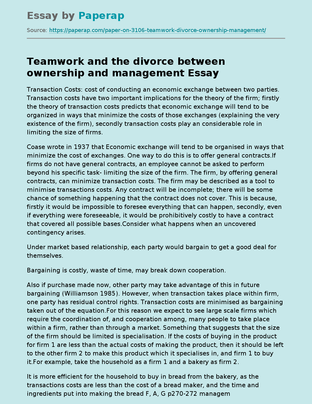 Teamwork and the divorce between ownership and management