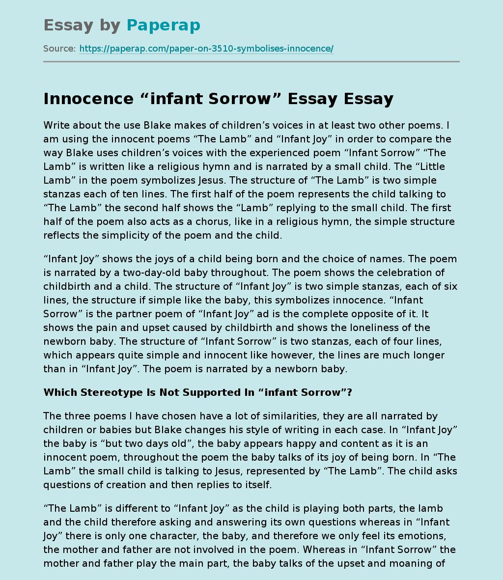 Innocence “infant Sorrow” Essay