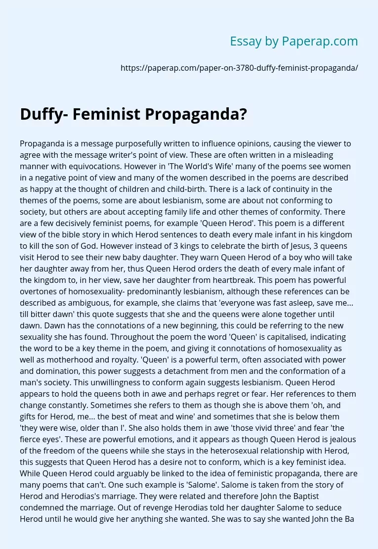 Idea of Poetry Carol Ann Duffy - Feminist Propaganda?