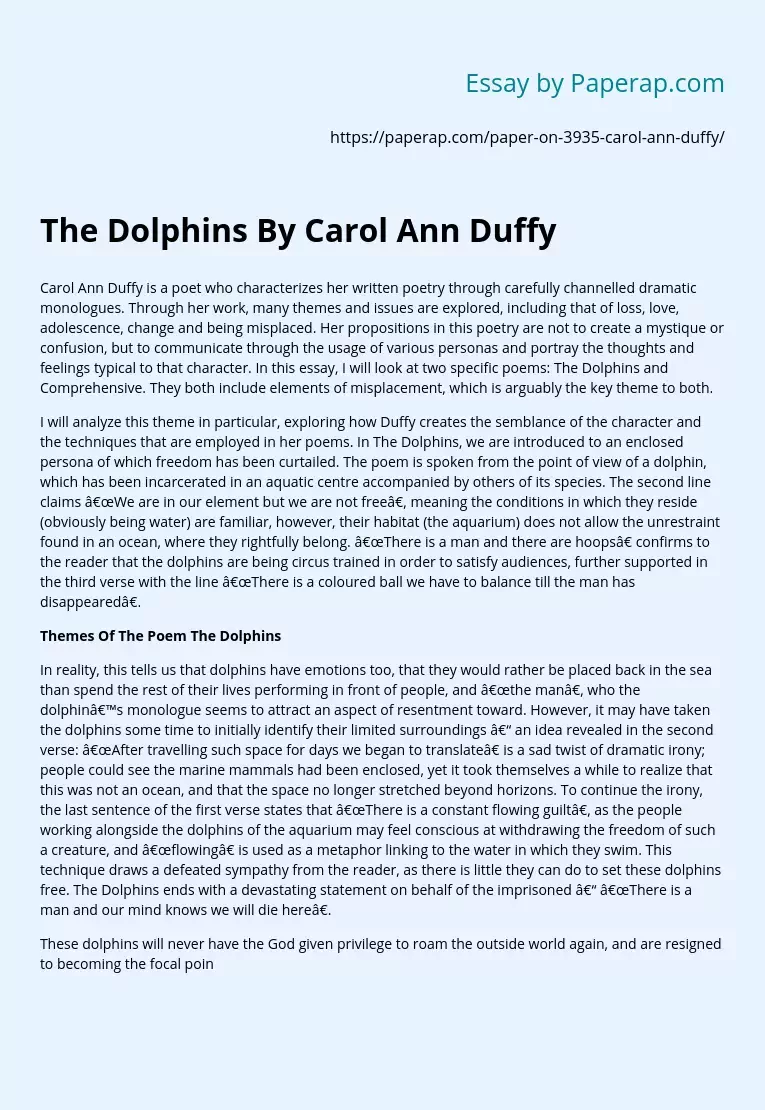 The Dolphins By Carol Ann Duffy