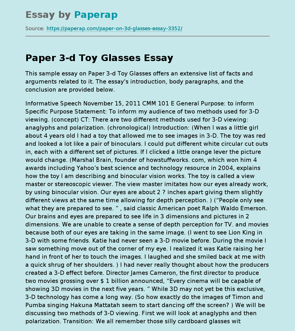 Paper 3-d Toy Glasses