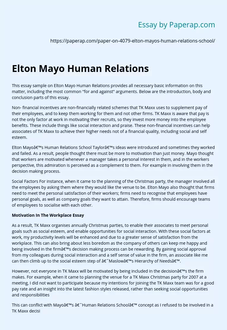 Elton Mayo Human Relations
