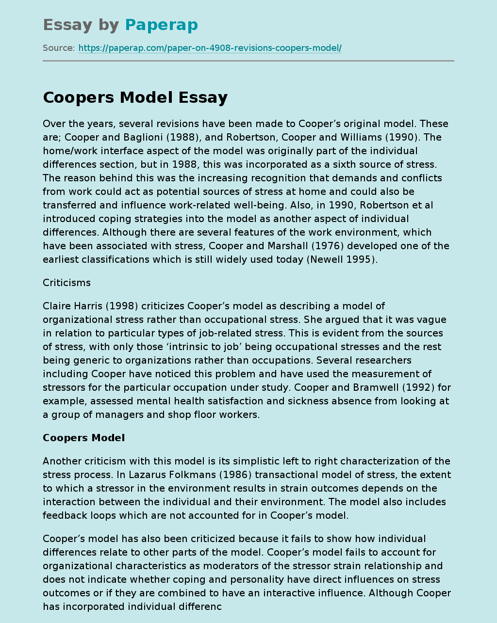 Coping Strategies in Cooper's Model