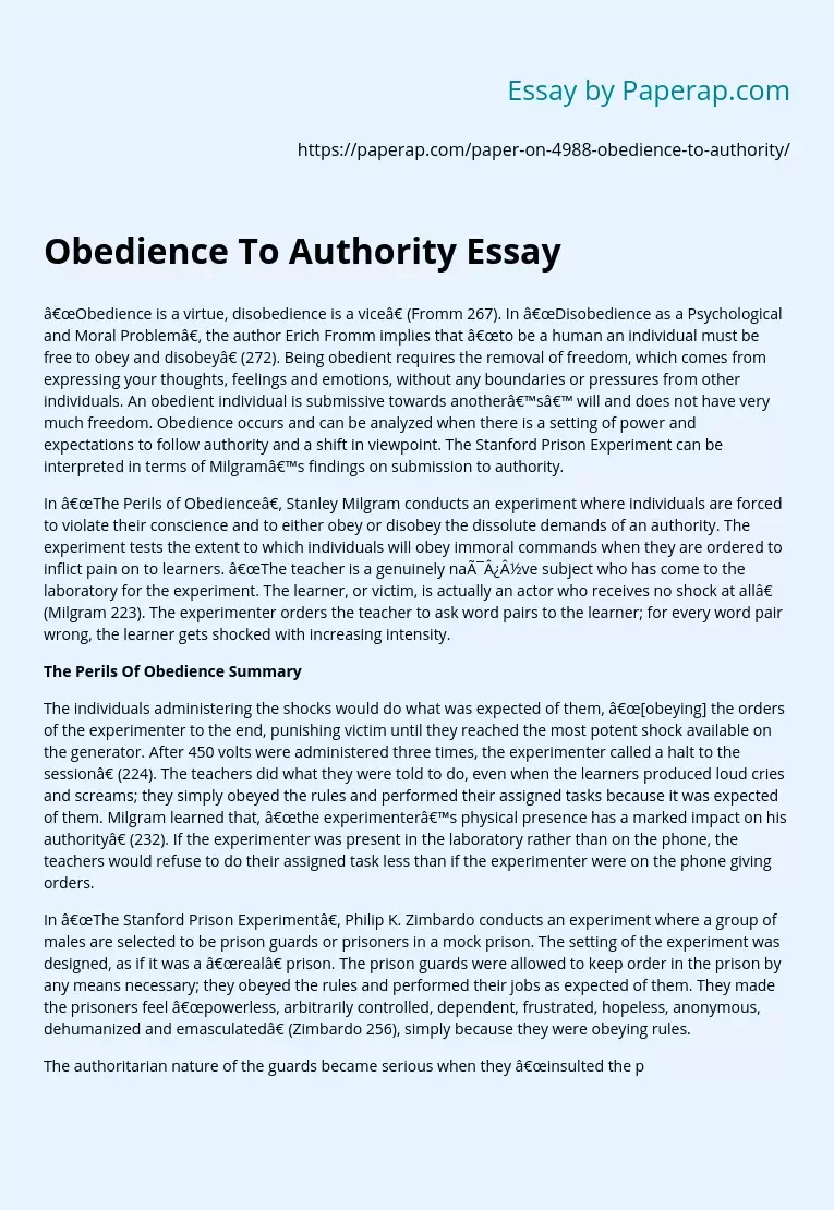 Obedience To Authority Essay