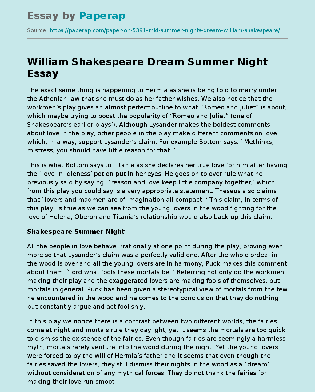 William Shakespeare Dream Summer Night