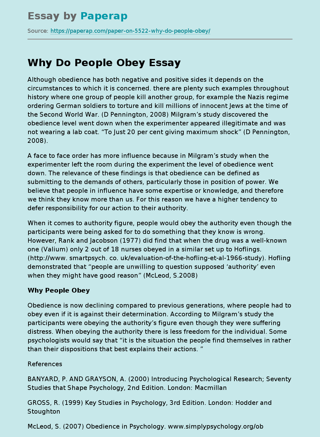 Why Do People Obey Free Essay Example