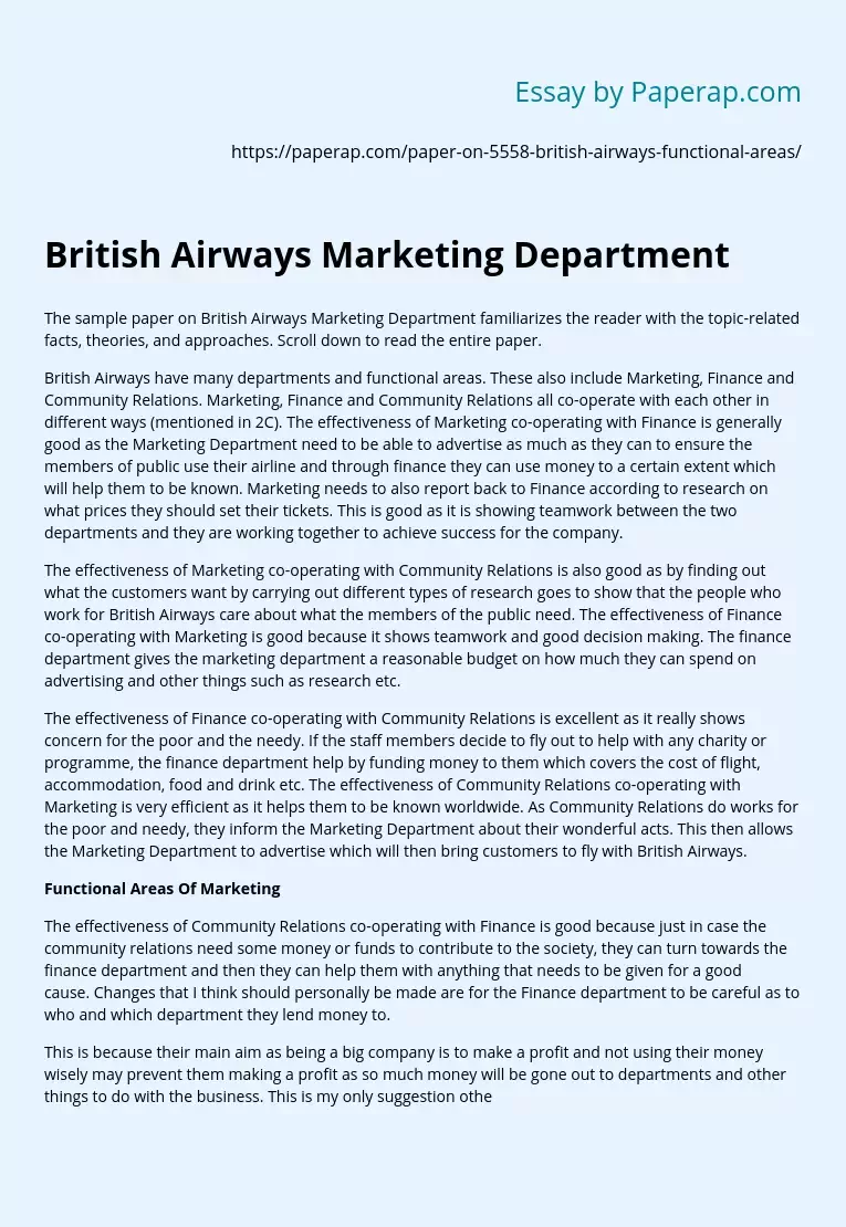 British Airways Marketing Department