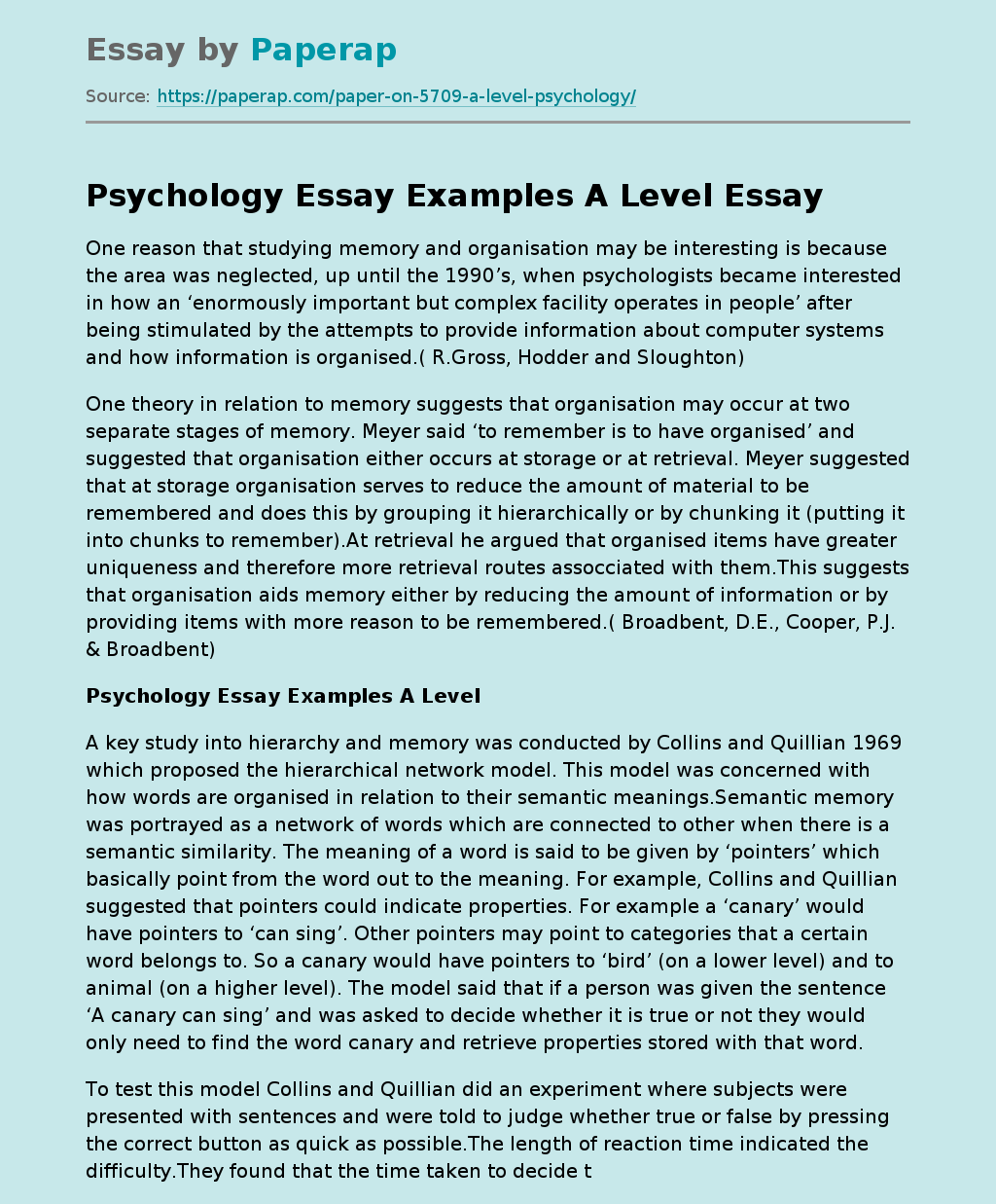 Psychology Essay Examples A Level