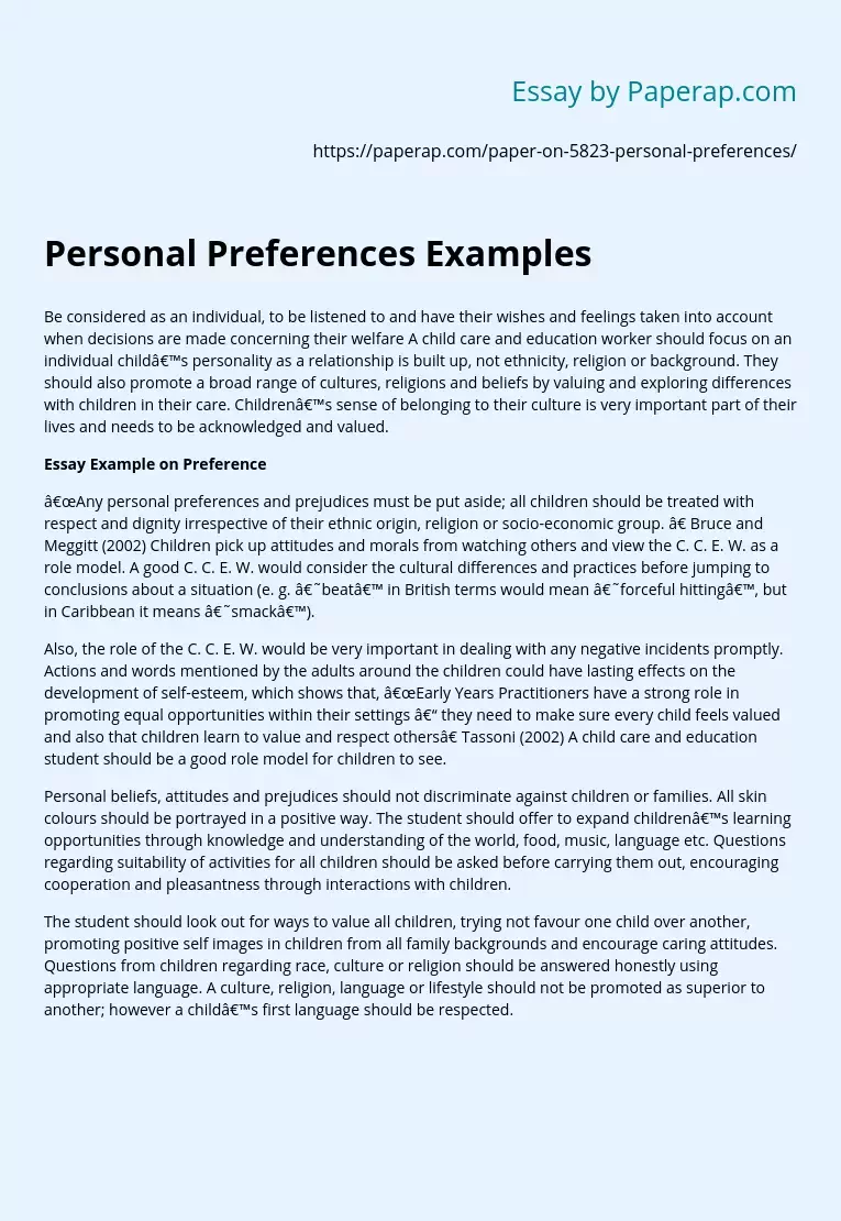 Personal Preferences Examples