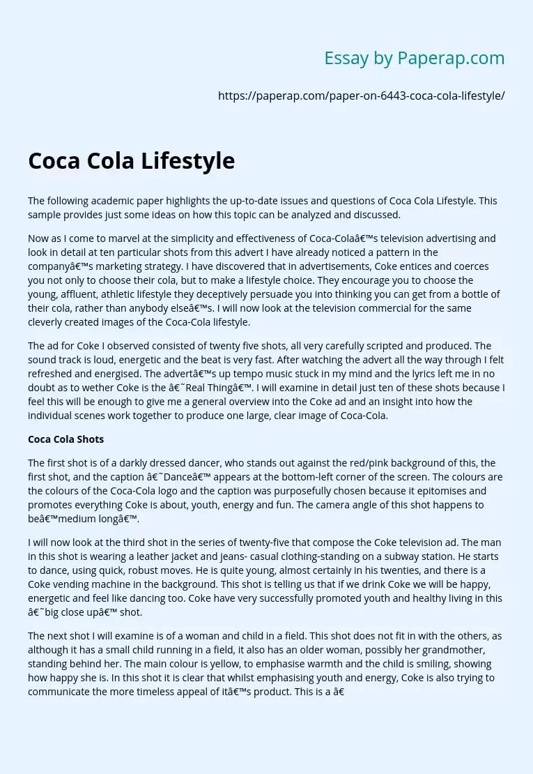 Coca Cola Lifestyle Academic Paper