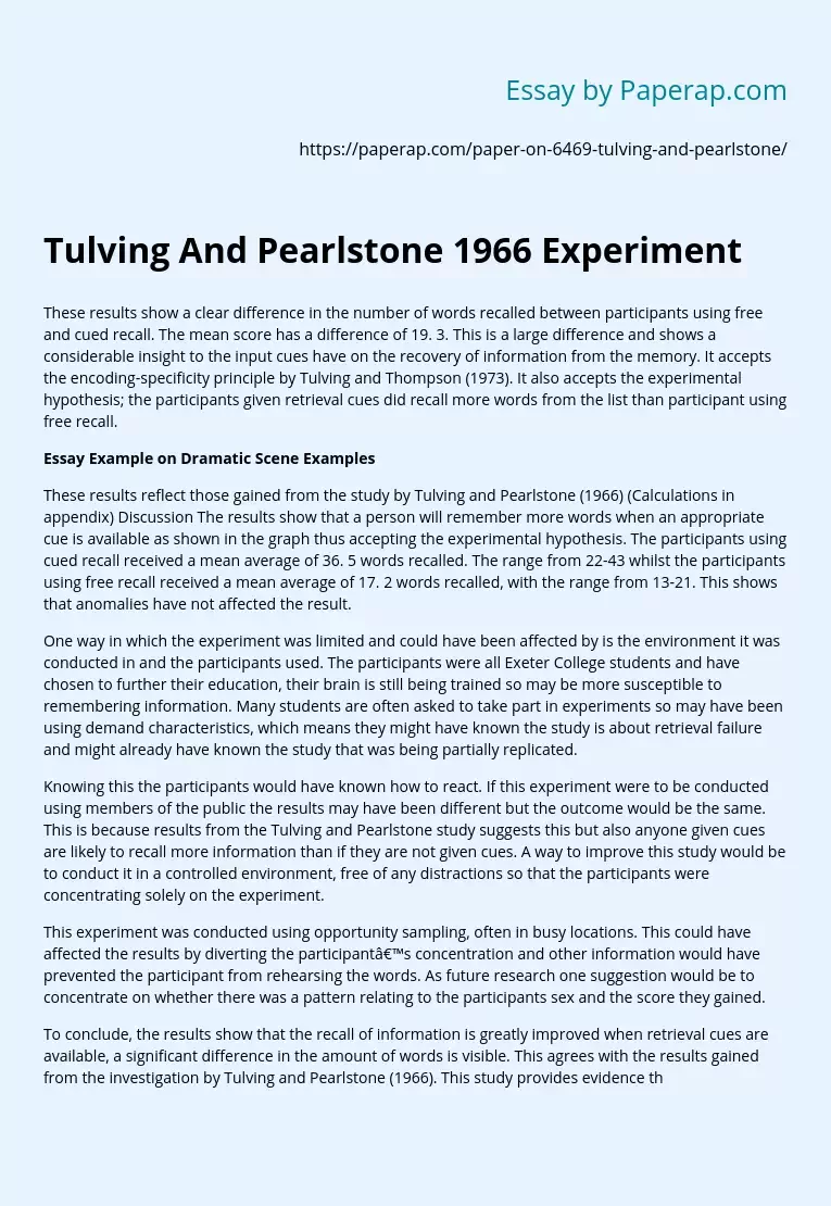 Tulving And Pearlstone 1966 Experiment