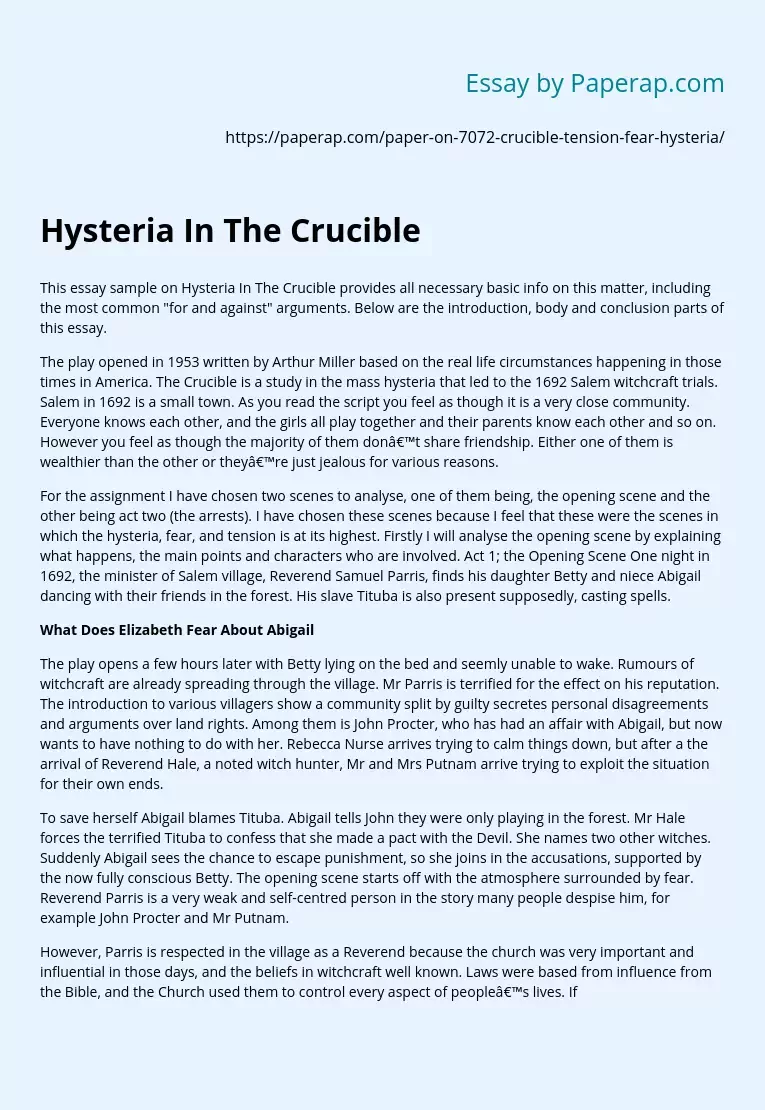 the crucible hysteria essay