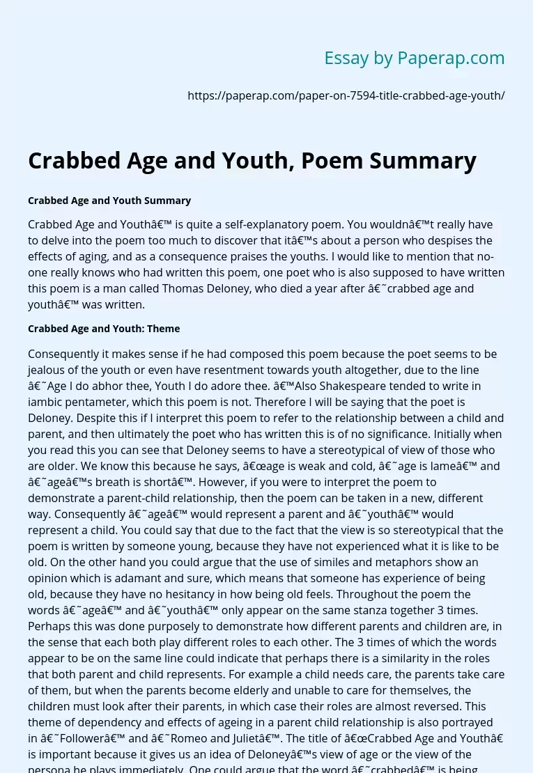 Crabbed Age and Youth, Poem Summary