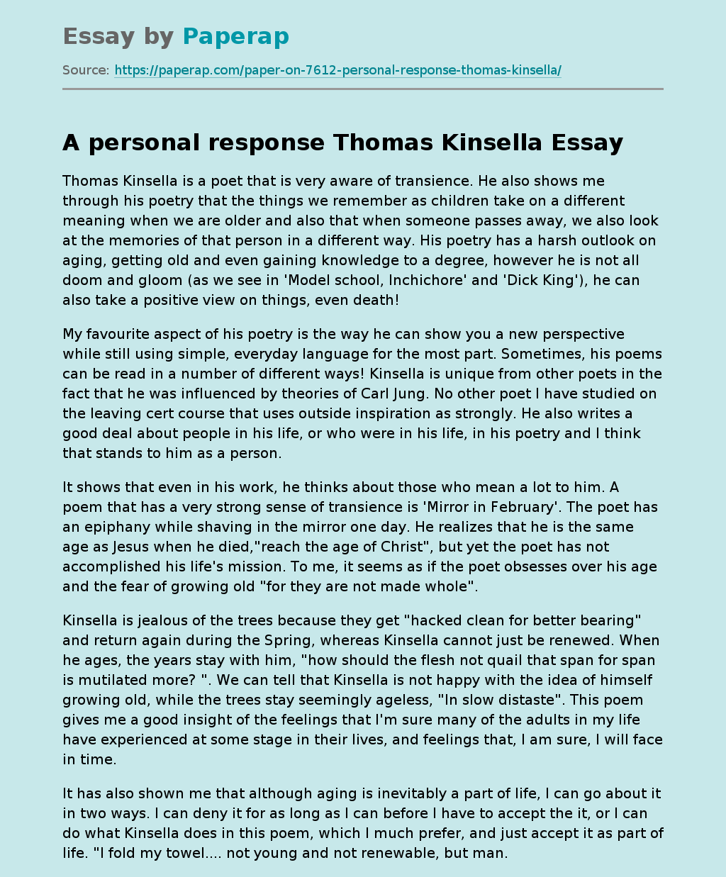 A personal response Thomas Kinsella