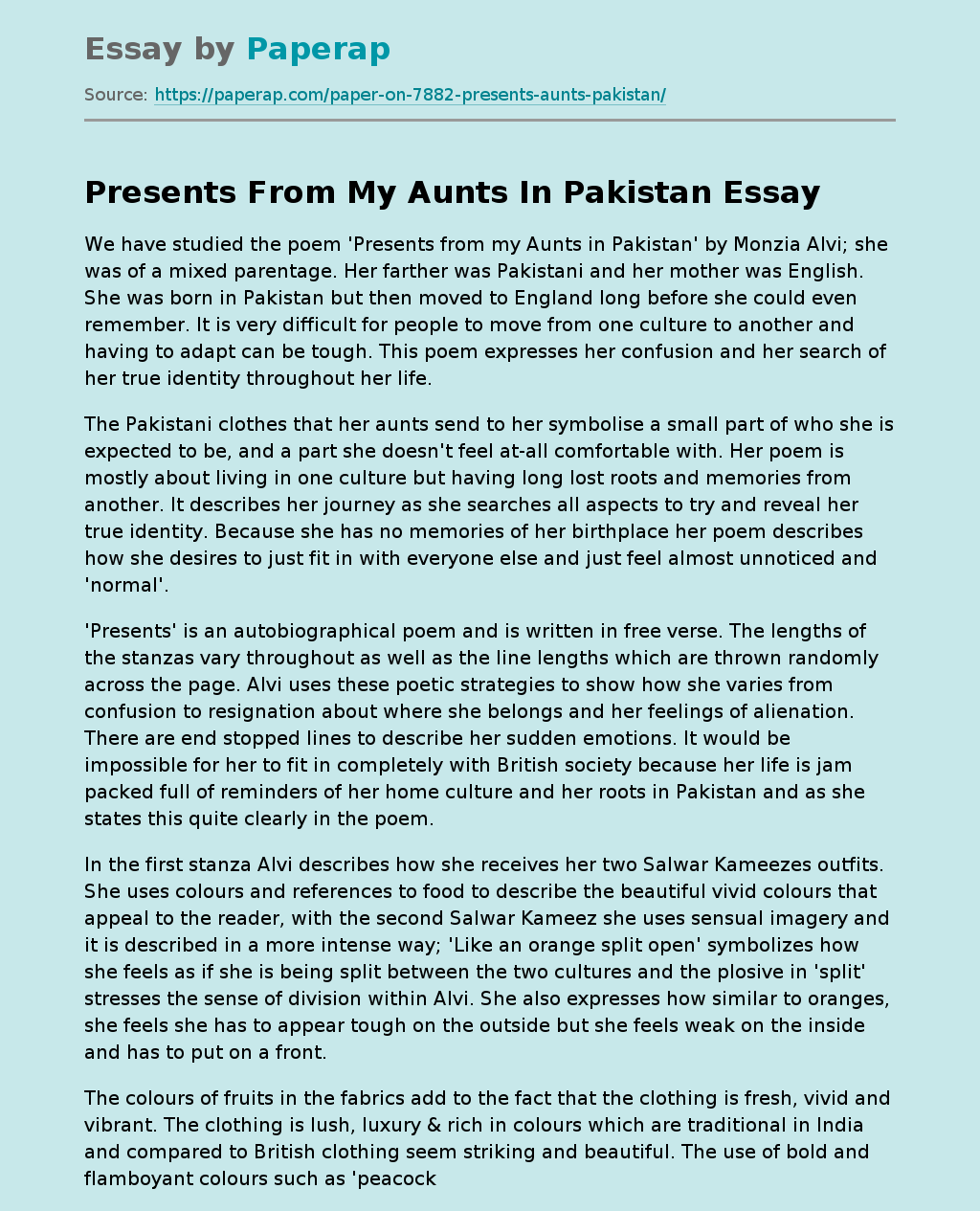 Mixed Heritage in 'Presents from my Aunts in Pakistan' by Moniza Alvi
