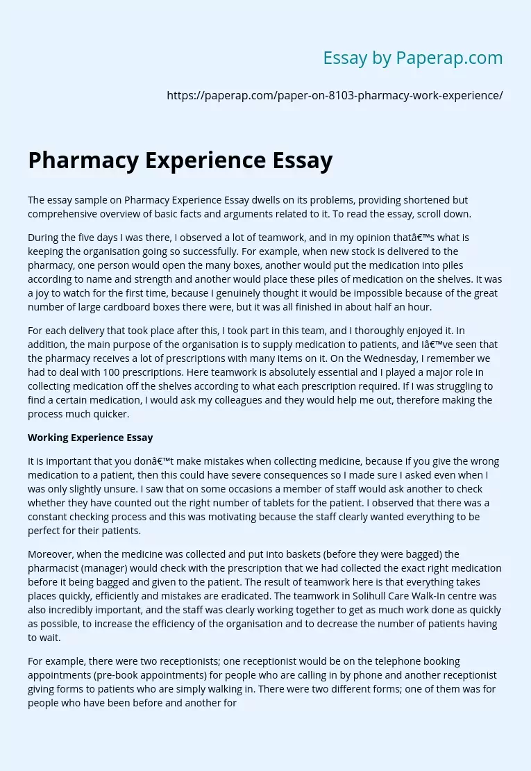 Pharmacy Experience Essay
