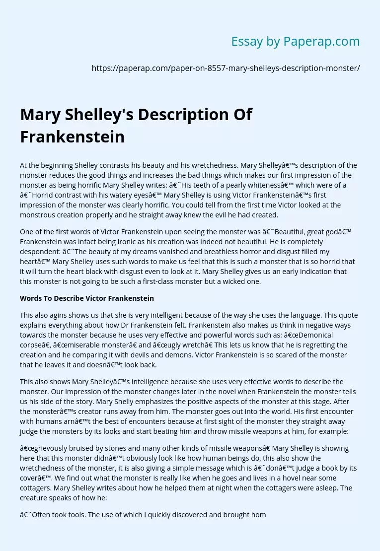 Mary Shelley's Description Of Frankenstein