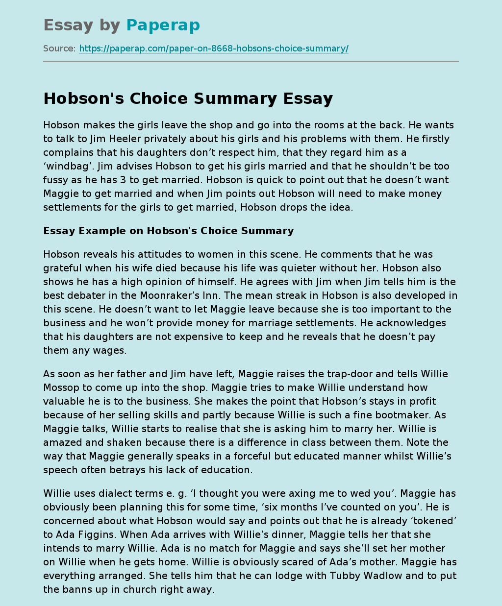 Hobson's Choice Summary