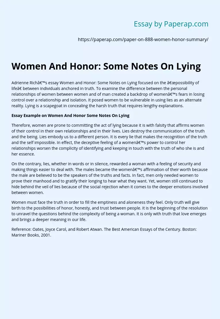 Women And Honor: Some Notes On Lying