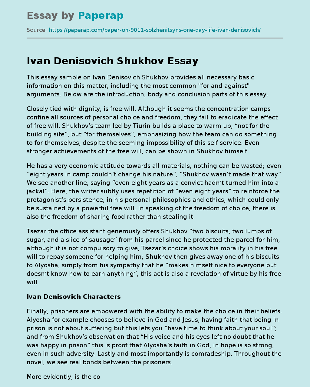 Essay Sample on Ivan Denisovich Shukhov