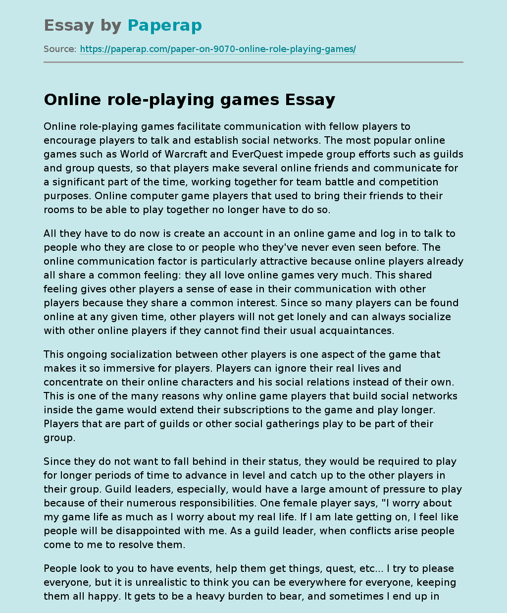 example essay about online games