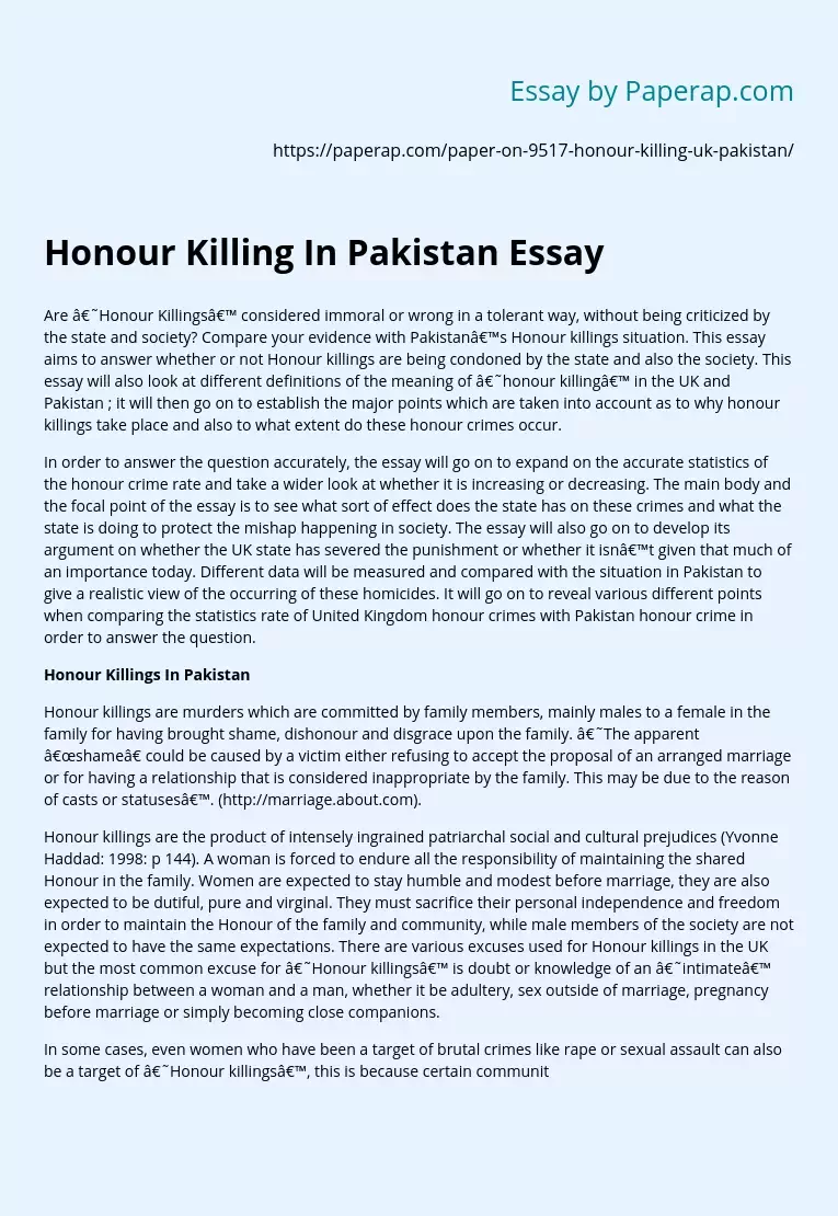 Honour Killing In Pakistan Essay