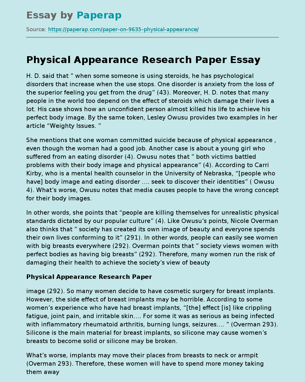 Physical Appearance Research Paper