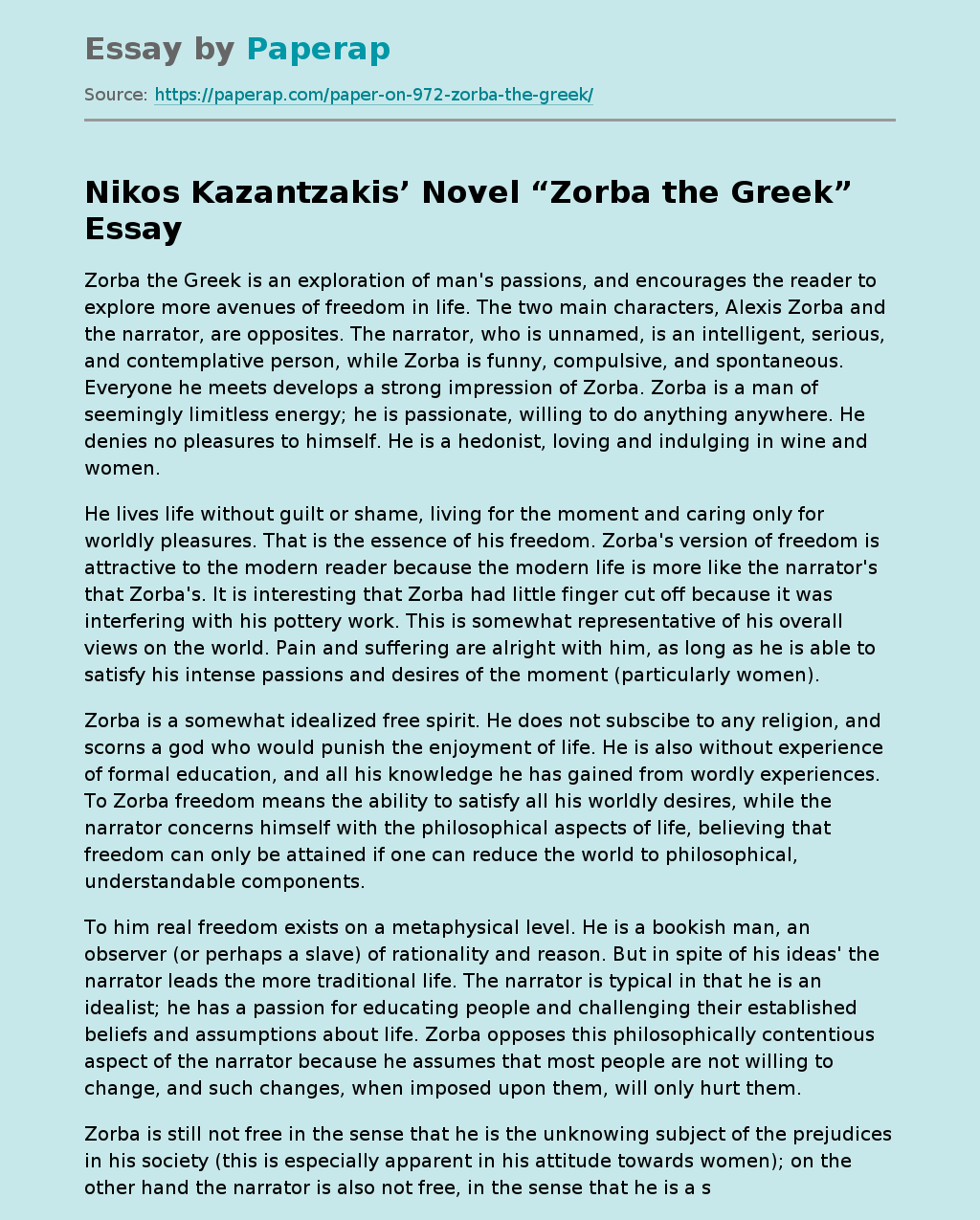 Nikos Kazantzakis’ Novel “Zorba the Greek”