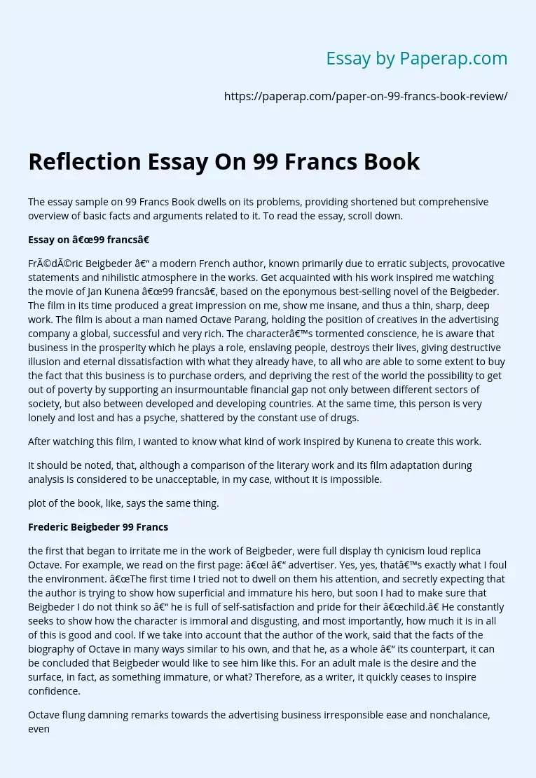 Reflection Essay On 99 Francs Book