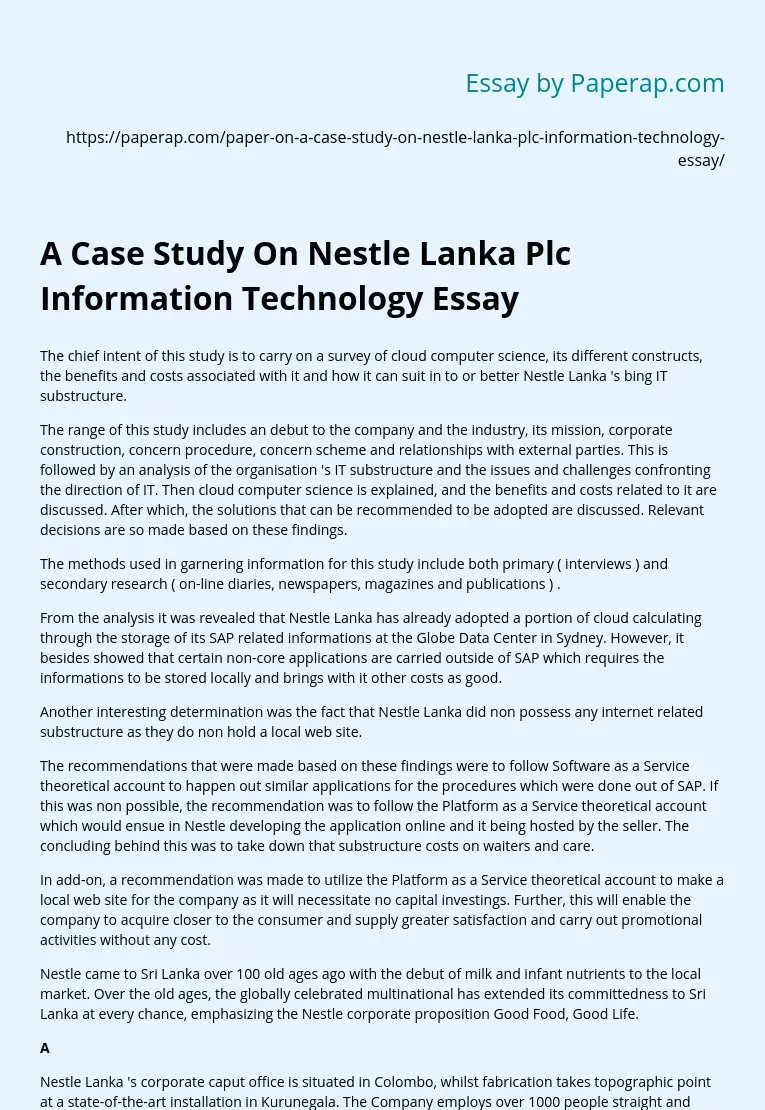 A Case Study On Nestle Lanka Plc Information Technology Essay