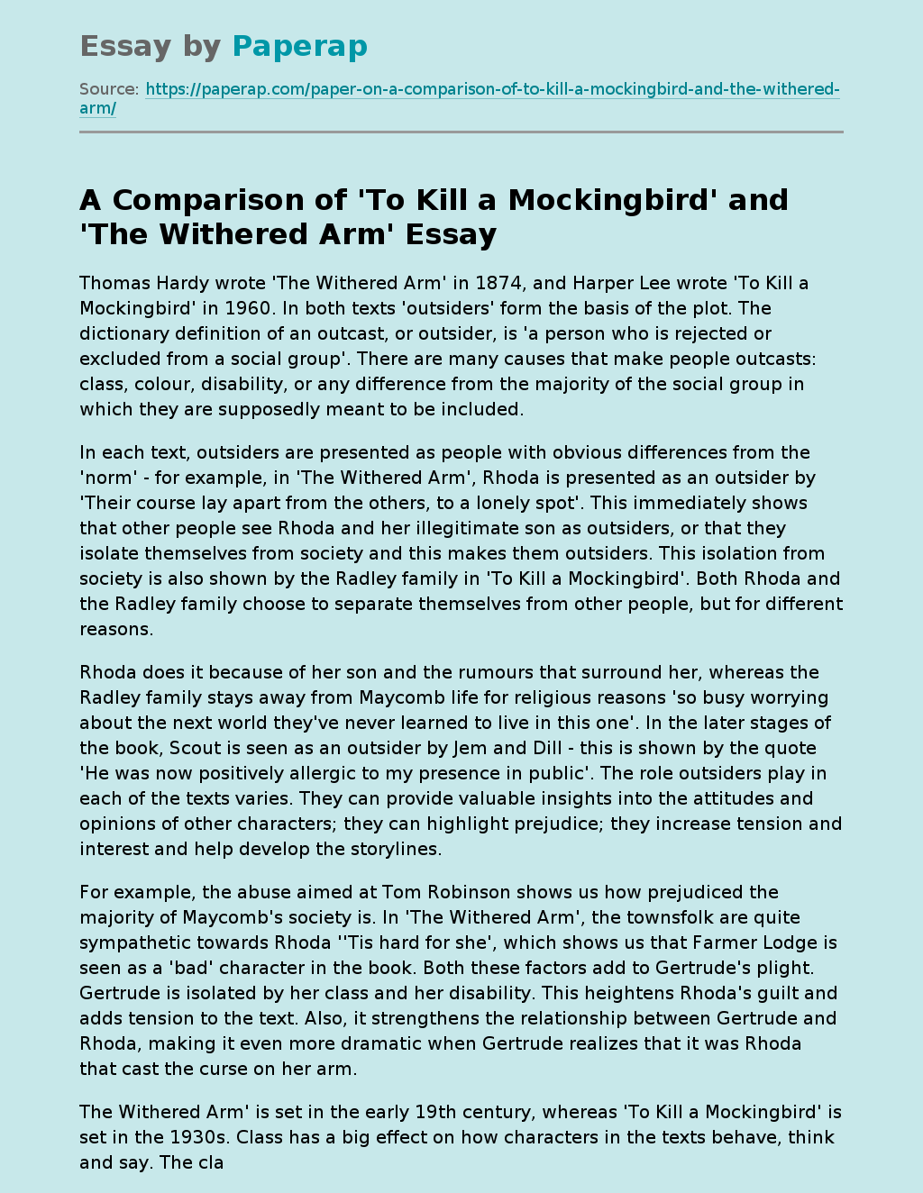 A Comparison of 'To Kill a Mockingbird' and 'The Withered Arm'