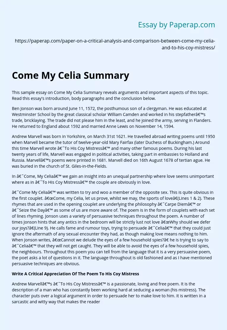 Come My Celia and To His Coy Mistress Comparison