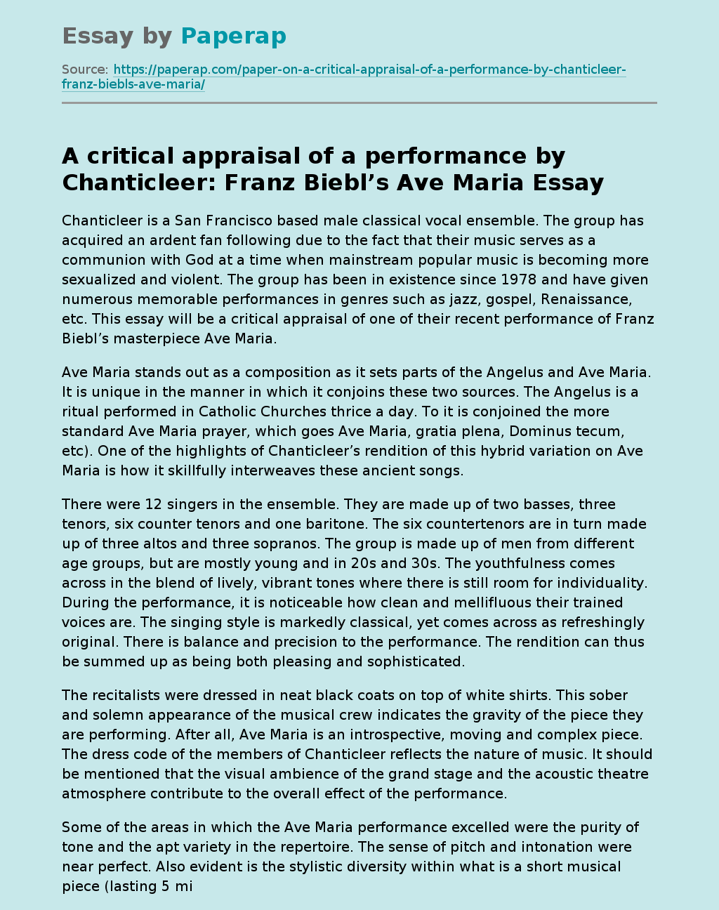 A Critical Appraisal Of A Performance By Chanticleer: Franz Biebl’s Ave Maria